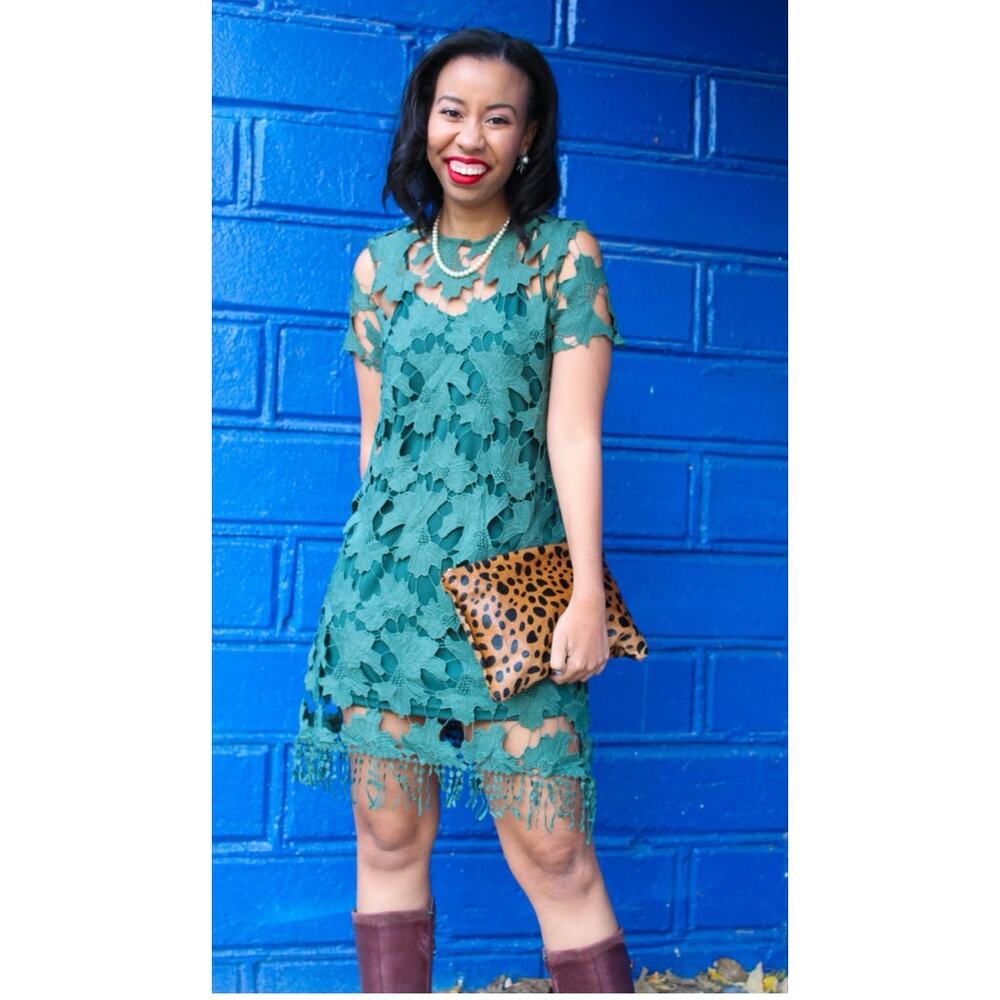 Love & Harmony Green Lace Dress M Floral Cutout Sheath Fringe Hem